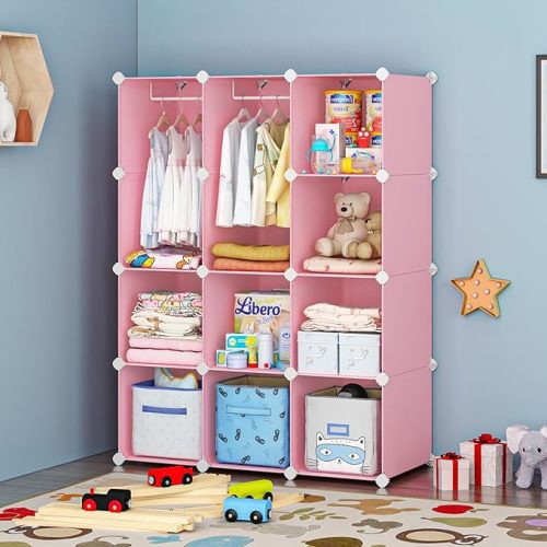 VIPZONE Baby Closet,Dresser, Kids Closet Organizers, Portable Kids Wardrobe for Closet, Bedroom, Nursery, Cubby, Cabinet, Clothes, Dress, Baby Storage Shelf, Armoire Clothes Hanging (12 Cube, White)
