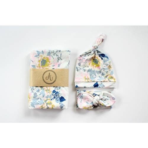 Baby Girl Floral Swaddle Set Newborn Knotted Headband Hat Butter Soft Pastel Wildflowers Floral Swaddle Blanket Navy Pink Grey Chartreuse