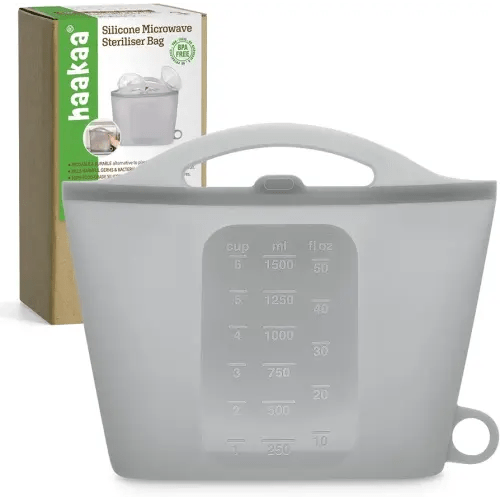 Haakaa Silicone Microwave Steam Sterilizer Bags for Travel, Reusable Silicone Steaming Bags for Baby Bottles, Breast Pump, Accessories, Pacifiers and Teethers, Great for Home and On-the-Go, Grey (1PC)