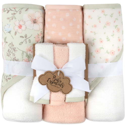 Baby Essentials 6 Piece Printed Hooded Bath Towel and Washcloth Set for Infant, Newborns and Toddlers 3 – 24 Months for Bath Time, Showers, Lounge, Beach and Pool in Floral Pink