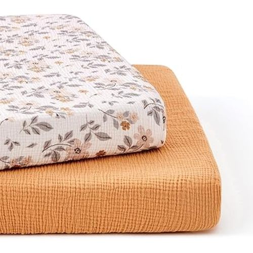 TILLYOU Muslin Mini Crib Sheets 2 Pack, Pack and Play Mattress Sheets Fitted for Pack N Play, 38'' x 26'' Sheet for Toddler, Yellow Flower
