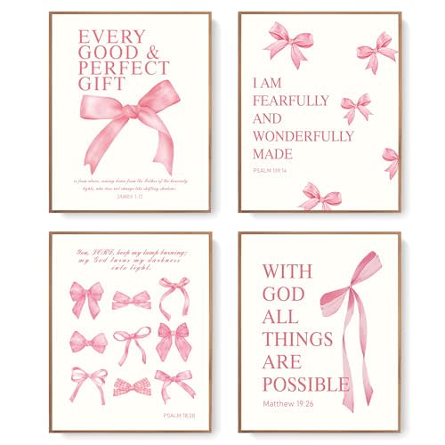 LARTSFRO Coquette Pink Bow Wall Art Decor Posters, Pink Bow Room Bedroom Bathroom Dorm Wall Art Decor Aesthetic for College Teen Girls Gifts, Inspirational Bible Verses Bow Wall Decor, 10x8 Inch Set of 4 Pcs Bow Pictures (UNFRAMED)