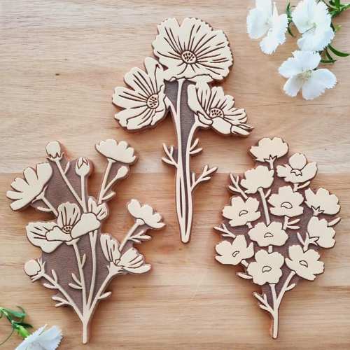 Set of 3 PRAIRIE rubber stamps / large size / flowers / floral design / for printing on fabrics / paper / cardboard / wood