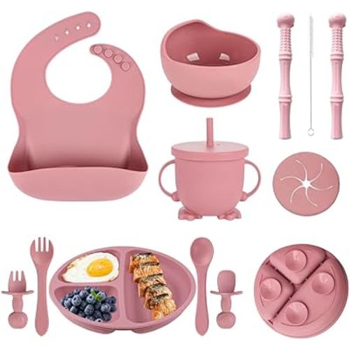 Baby Led Weaning Supplies - 12Pcs Silicone Baby Feeding Set - Suction Toddler Plates and Bowls set, Bib, Cup, Spoons, Forks, Teething Tubes, Baby Feeding essentials for 6+ Months (Dark Pink)