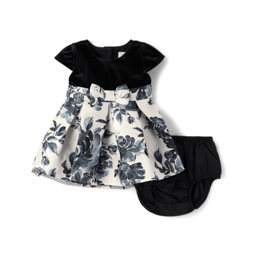 Baby Girls Floral Velour Fit And Flare Dress - Gray