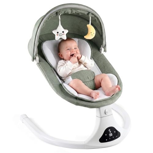 Electric Baby Swing with Remote Control - 5 Natural Motion Speeds, Detachable Seat Pad | Portable Infant Swing for Indoor/Outdoor Use (0-12M, 20lbs)(Green)