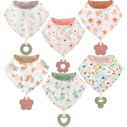 Baby Bandana Drool Bibs 6-Pack and Teething Toys 6-Pack Made with 100% Organic Cotton, Absorbent and Soft Unisex