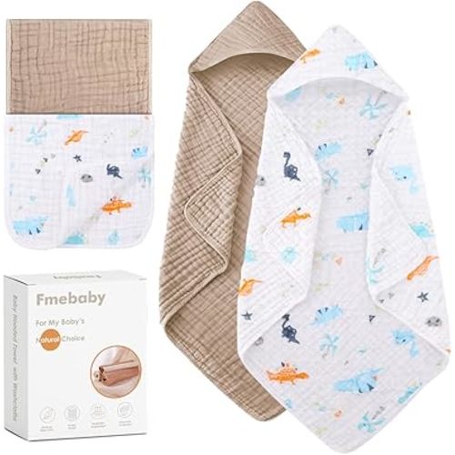 Hooded Baby Towels for Newborn 2 Pack 100% Muslin Cotton Baby Bath Towel and 2 Pack Washcloths for Babies, Infant, Toddler and Kids, Soft and Absorbent Newborn Essential(Apricot and Dinasour)