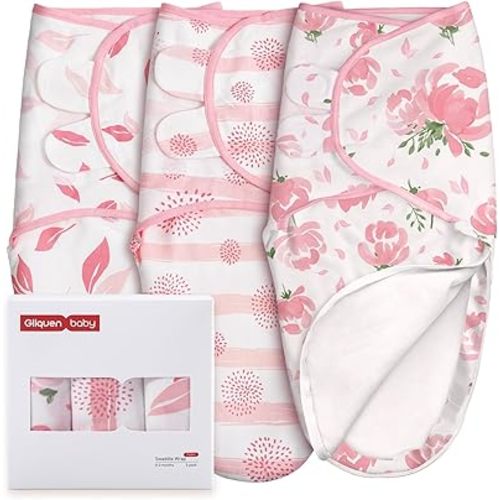 GLLQUEN BABY Baby Swaddle Sleep Sacks with Zipper - 3-Pack Newborn Swaddling Sack, Baby Swaddles Sleep Sack 0-3 Months,Pink Floral or Leaves, Swaddling Blankets 3 Pack Wrap Set, Easy Change Swaddle
