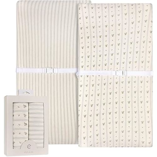 Ely’s & Co. Changing Pad Cover, Diaper Changing Table Sheets, 2 Pack, Cradle Sheet Set for Baby Boys, 100% Jersey Knit Cotton, Blue Linear Berry Leaf Collection, 32”x16”x5”