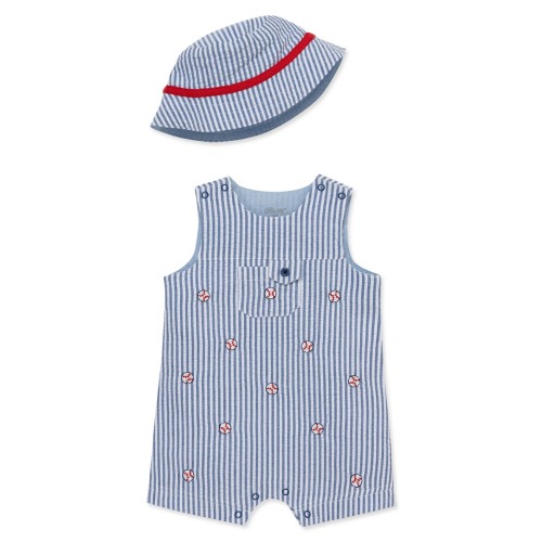 Embroidered Seersucker Cotton Romper & Bucket Hat Set