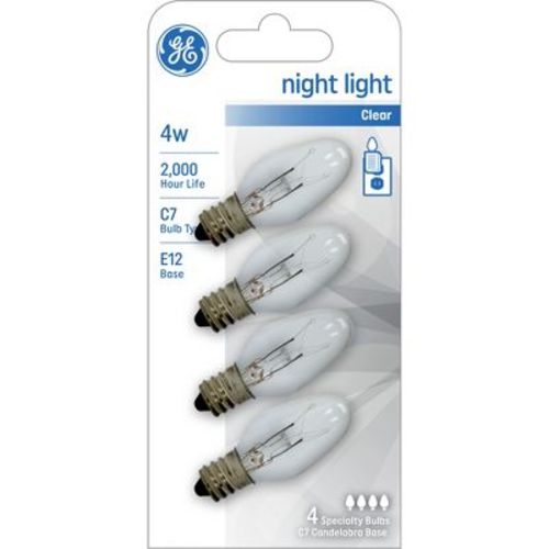 Ge 4pk 4w Incandescent Nightlight Bulbs E12 Base Clear: C7 Small Dimmable Bulbs, Standard Socket, Nightlight 4 Pack