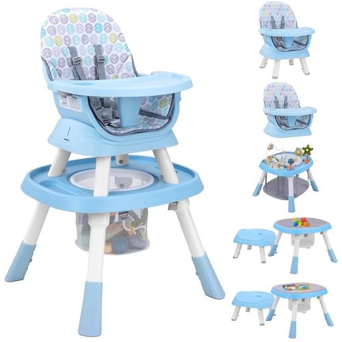 Baby High Chair with Activity Play Center,8-in-1 Convertible High Chairs for Babies and Toddlers with Baby Toys,Table and Chair Set Building Block Table,Highchair for Ages 6-120 Months,Blue