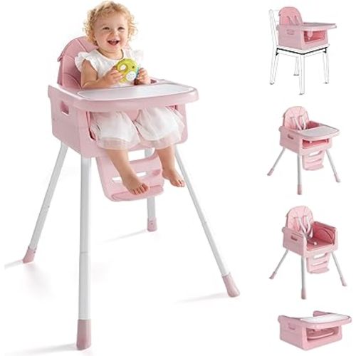 4-in-1 Baby High Chair for 6 Months+, Foldable High Chairs for Babies and Toddlers, Convertible Toddler Chair, Adjustable Tray & Footrest, Lightweight, Stable & Easy to Clean(Pink with White)