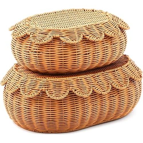 2 Pcs Hand Woven Rattan Basket Scalloped Basket Wicker Storage Basket Decorative Basket with Lid for Organizing Food Bread Picnic Table Bathroom Decor, Dark Brown