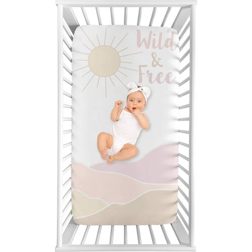 Sweet Jojo Designs Boho Desert Sun Girl Fitted Crib Sheet Baby or Toddler Bed Nursery Photo Op - Blush Pink Mauve Gold Taupe Bohemian Watercolor Mountains Southwest Nature Minimalist Wild and Free