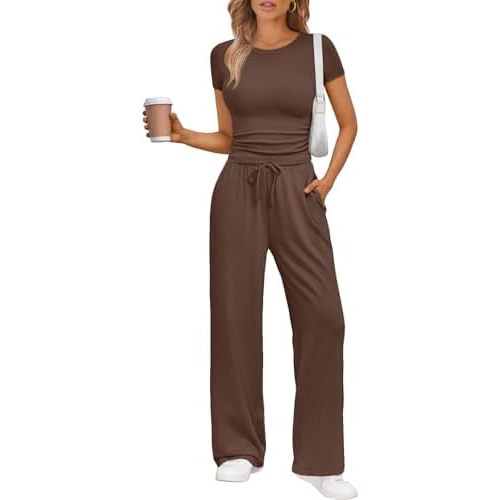 Trendy Queen 2 Piece Matching Summer Sweatsuit Lounge Set Womens Wide Leg Pants Side Ruching Crop Top Sets