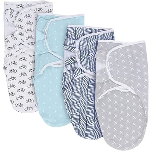 BaeBae Goods Swaddle Blanket, Adjustable Infant Baby Swaddling Wrap Set of 4, Baby Swaddling Wrap Blankets for Boys and Girls Made in Soft Cotton (0-3 Months, Black Bicycles)