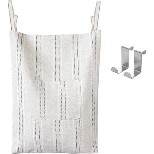 AELS Farmhouse Hanging Laundry Hamper with 2 Hooks, Boho Beige & Gray Stripes Linen Laundry Bag with Zipper & Wide Open Top, Over the Door Organizer for Dirty Clothes, Washable Space Saving Storage