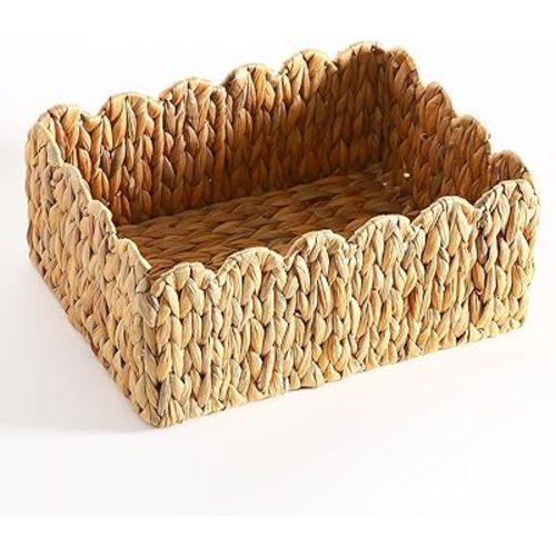 Scalloped Edge Basket, Wicker Storage Baskets, Hand Woven Baskets for Shelves,Natural Baskets for Organizing (Water Hyacinth(M-14" L x 10.5" W x 6" H))