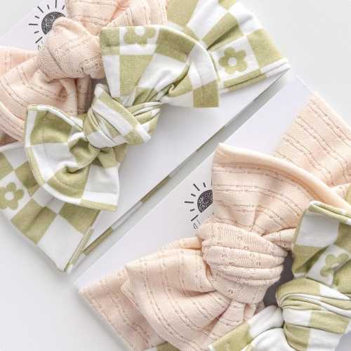 Green Daisy Checker + Cream Pointelle | Baby Bow Bundle