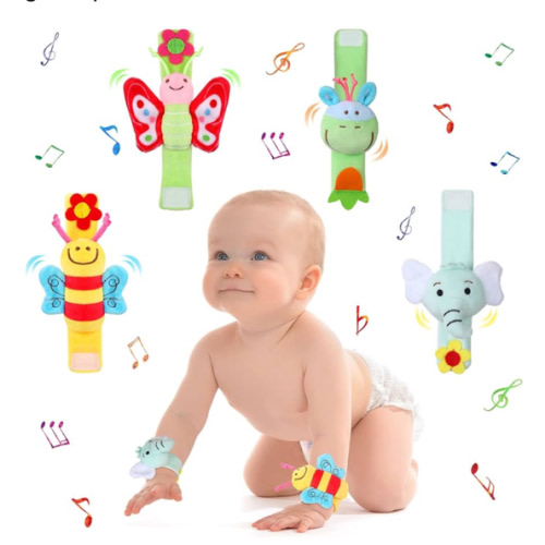 Jerify 4 Pcs Baby Wrist Rattles Animal Pattern Newborn Rattle Wrist Foot Toy for Babies Boy Girl Infant Birthday Gifts Educational Toys, 4 Designs