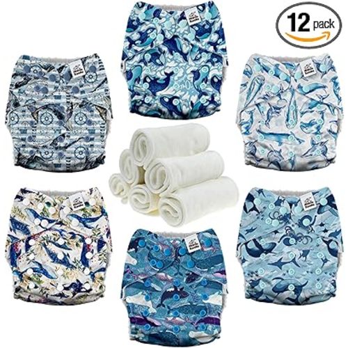 Mama Koala 3.0 Pocket Cloth Diapers for Babies with AWJ Lining, 6 Pack with 6 4-Layer Natural Cloth Diaper Inserts - Reusable and Washable Pocket Diapers(Whales)