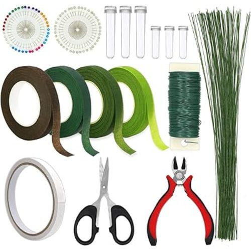 Floral Arrangement Kit,17 Pieces Flower Tools Include Floral Wire Cutter Scissor Floral Tape 22 Gauge Paddle Wire 26 Gauge Stem Wire Pearl Corsage Pin Bouquet Wrap Florist