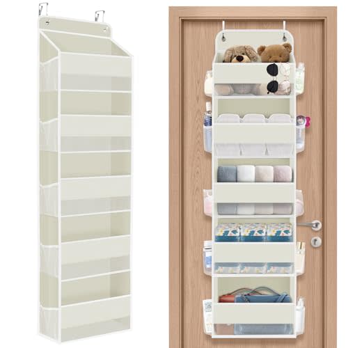 SpaceHacks 1 Pack Over The Door Organizer, Hanging Storage Organizer with Clear Window, 40lb Ultra Sturdy Large Capacity Room Organizer for Pantry Bathroom Nursery Closet Baby Essential (Beige)