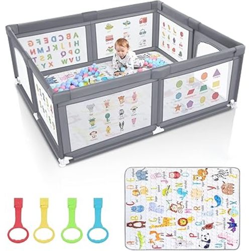 Premium Baby Playpen with Mat, 71x60 Inches Extra Large Playpen for Babies and Toddlers, Indoor & Outdoor Activity Center, Safety Baby Play Pen with Gate Prints