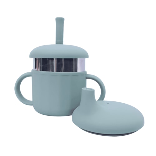 Baby 3-in-1 Silicone Training Cup with Straw, Snack Lid & Sippy Lid – Stainless Steel Core – Spill-Resistant & BPA-Free – Sage Green