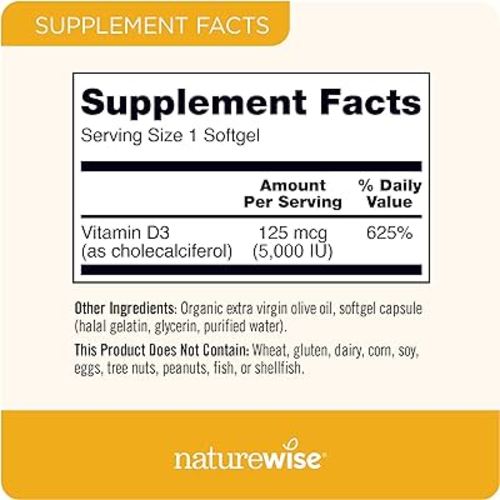 NatureWise Vitamin D3 5000iu (125 mcg) 1 Year Supply for Healthy Muscle Function, and Immune Support, Non-GMO, Gluten Free in Cold-Pressed Olive Oil, Packaging Vary ( Mini Softgel), 360 Count