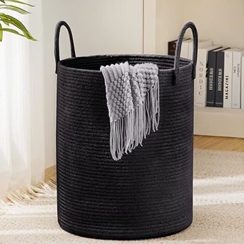 Woven Rope Laundry Hamper Basket, 72L Tall Luandry Basket, Baby Nursery Hamper for Blanket Storage, Clothes Hamper for Laundry in Bedroom-Large- Black