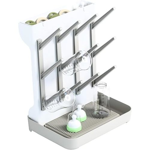 SuoXing Baby Bottle Drying Rack Space Saving,Large Vertical Baby Bottle Storage Organizer & Bottle Dryer Rack for 12 Pc 8 oz Bottles and Baby Accessories,Pump Parts,Pacifiers or Brush Stand,Smart Grey