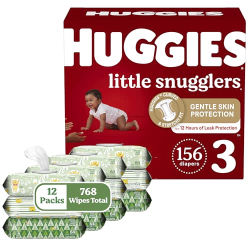 Huggies Little Snugglers Diapers and Wipes Bundle: Huggies Little Snugglers Size 3 Baby Diaper, 156ct & Huggies Natural Care Sensitive Wipes, Unscented, 12 Packs (768 Wipes Total) (Packaging May Vary)