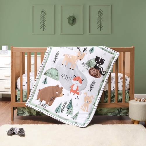 Peanutshell 3-Piece Woodland Camo Crib Bedding Set with Animal Print, Mountain Scene