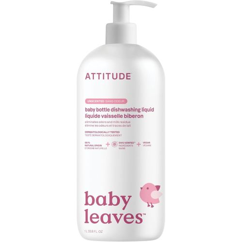ATTITUDE Baby Bottle & Dish Soap, EWG Verified Bottle Cleaner, Fragrance Free & Dye Free, Removes Milk Residue & Grease, Vegan, Unscented, 33.8 Fl Oz