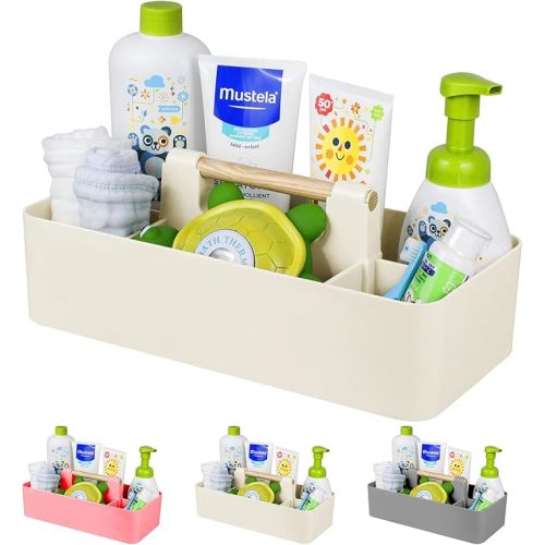Baby Shower Caddy Plastic Nursery Portable Storage Organizer Caddy Tote for Child/Kids, Divided Basket Bin with Wood Handle for Bathroom, Dorm Room, Holds Hand Soap, Bottles, Spoons (Beige)