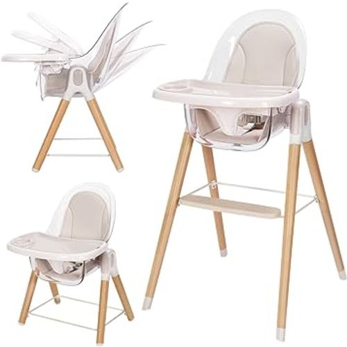 Baby High Chair, 6-in-1 Convertible Wooden Recline Chair with Adjustable Hardwood Leg for Babies and Toddlers, Double Dishwasher Safe Tray & Premium Leatherette