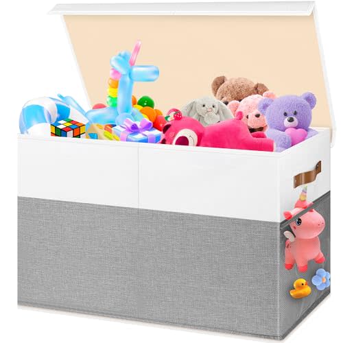 Mabahoo Large Toy Box, Collapsible Sturdy Storage Chest With Lids, Kids Toy Chest Storage Organizer Toddler Bin Boxes for Living Room, Bedroom, Nursery, 25"x13"x16", White & Gray