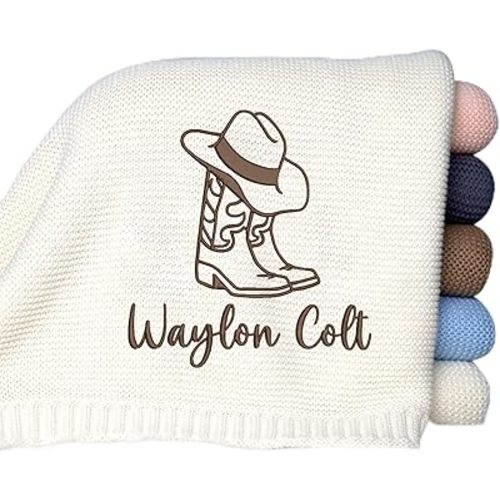 Embroidered Baby Blanket Name, Western Baby Blankets, Personalized Baby Blanket with Name for Boy Girl, Custom Knit Baby Blankets with Embroidery, Strollers Blanket, Car Seat Blanket Cowboy