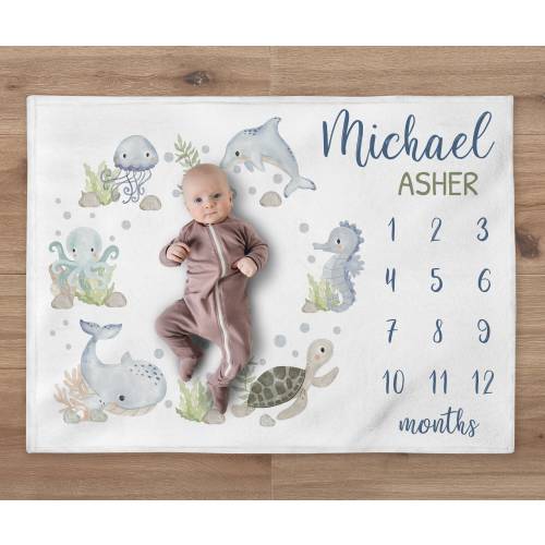 Baby Boy Ocean Milestone Blanket, Under the Sea Baby Name Blanket, Personalized Underwater Turtle Whale Fish Blanket, Sea Baby Shower Gift