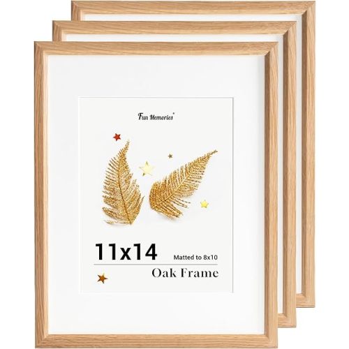 Fun Memories 11x14 Oak Picture Frame for Wall, 11x14 Frame with Matted to 8x10, Solid Wood Picture Frames for Wall Art Photo and Prints (Beige, 3 Pack)