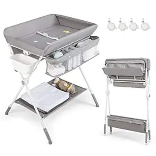 BABY JOY Baby Changing Table, Portable Folding Diaper Changing Station with Wheels, Adjustable Height, Large Storage Rack, Water Basin, Safety Belt, Mobile Nursery Organizer for Newborn Infant, Gray