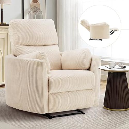 Furnimart Manual Recliner Chair for Adults, Wide Seat Corduroy Recliner with Pull Handle, High Back & Padded Armrests, Space-Saving Reclining Chair for Living Room, Bedroom, Apartments, Beige