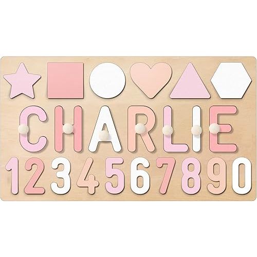 Personalized Name Puzzle for Kids, Easter Basket Stuffers, Custom Easter Gifts for Toddlers 1-3, 1st Birthday Gifts Girl Boy, Number Name Puzzle with Engraved Text on Back, Baby Learning Toys