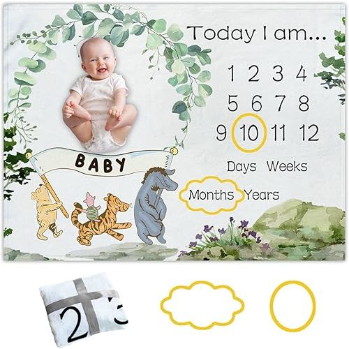 Winnie Baby Milestone Blanket, Winnie Newborn Month Blankets for Babies, Newborn Photography Background Decor, Perfect for Baby Shower Birthday Party