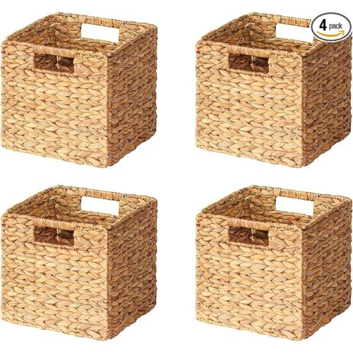 SpaceAid 4 Pack Wicker Basket, Storage Baskets for Organizing, Woven Rattan Basket with Handles for Shelves, Water Hyacinth Large Cube Organizer Storage Bin, 10.5x10.5x10.5 inch, Natural
