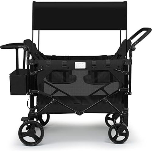 VOOI Stroller Wagon 4 Seater, Wagon for Kids, Collapsible W4 Stroller with Seats with 5-Point Harnesses, Easy Access Zipper Door, and Removable Sun Canopy (Black, W4-Large)
