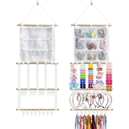 Headband Holder Hair Bows Organizer for Girls, Large Capacity Bow Holder Hair Accessories Wall Hanging Organizer for Toddler Baby Girl Nursery Room Décor